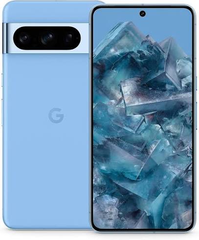 Light blue Google Pixel smartphone shown from the back and front. The back features a large vertical camera bar and a subtle Google 'G' logo in the center.